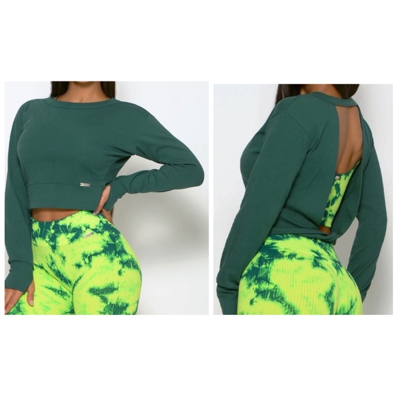 Bombshell Sportswear Tops - Bombshell Sportswear Open Back Long Sleeve Cropped Top Dark Green, S